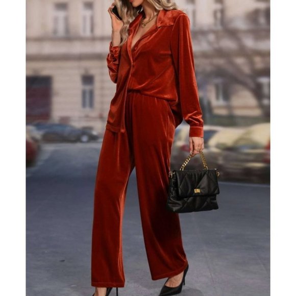 Coord set  Button down long sleeve velvet shirt & Pants Set burnt orange - Picture 5 of 5